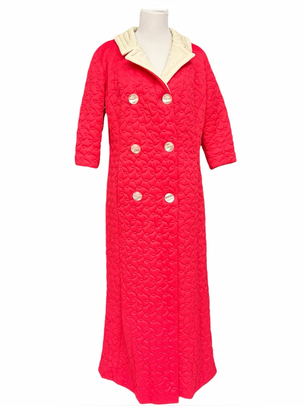 Vintage Vanity Fair Pink-Red Quilted Maxi Robe Size 12 Double Breasted, Mod 60s
